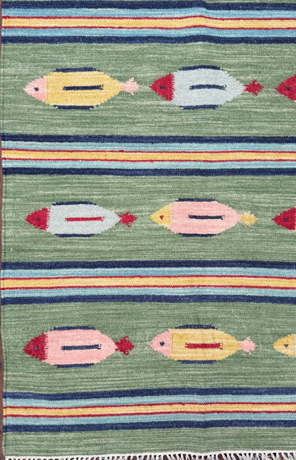 4x6 ft Handwoven Kilim Rug: Wool Geometric Flatweave Fish Design
