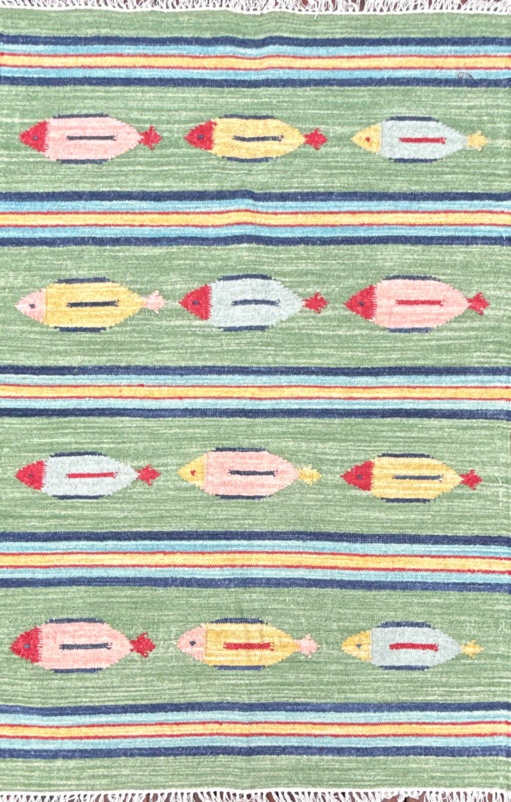 4x6 ft Handwoven Kilim Rug: Wool Geometric Flatweave Fish Design