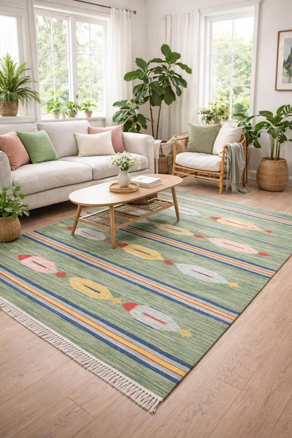 4x6 ft Handwoven Kilim Rug: Wool Geometric Flatweave Fish Design