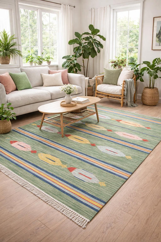 4x6 ft Handwoven Kilim Rug: Wool Geometric Flatweave Fish Design