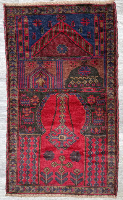 Vintage Afghan Taimani Balouch Wool Rug: 3x5 Ft, Hand-Knotted Tribal Area Accent