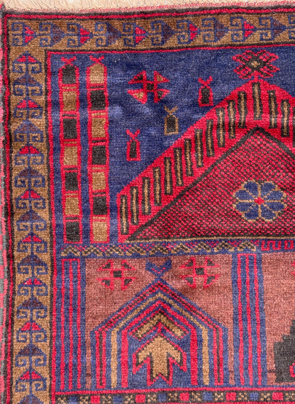 Vintage Afghan Taimani Balouch Wool Rug: 3x5 Ft, Hand-Knotted Tribal Area Accent
