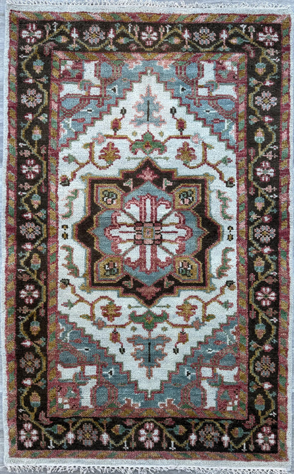 4x6 ft. Oushak Geometrical Rug: Village Made Wool Carpet Hand Knotted Bohemian Style