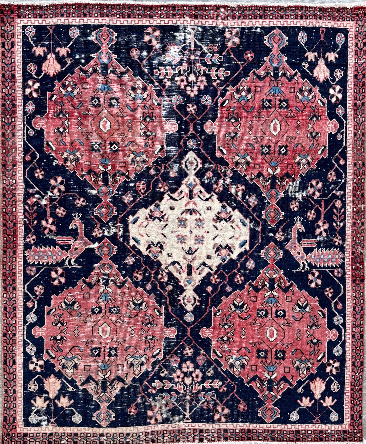 Vintage 4x5 ft – Distressed Wool Rug with Birds, Tribal Medallion, Navy Red Handmade Area Rug 1960s