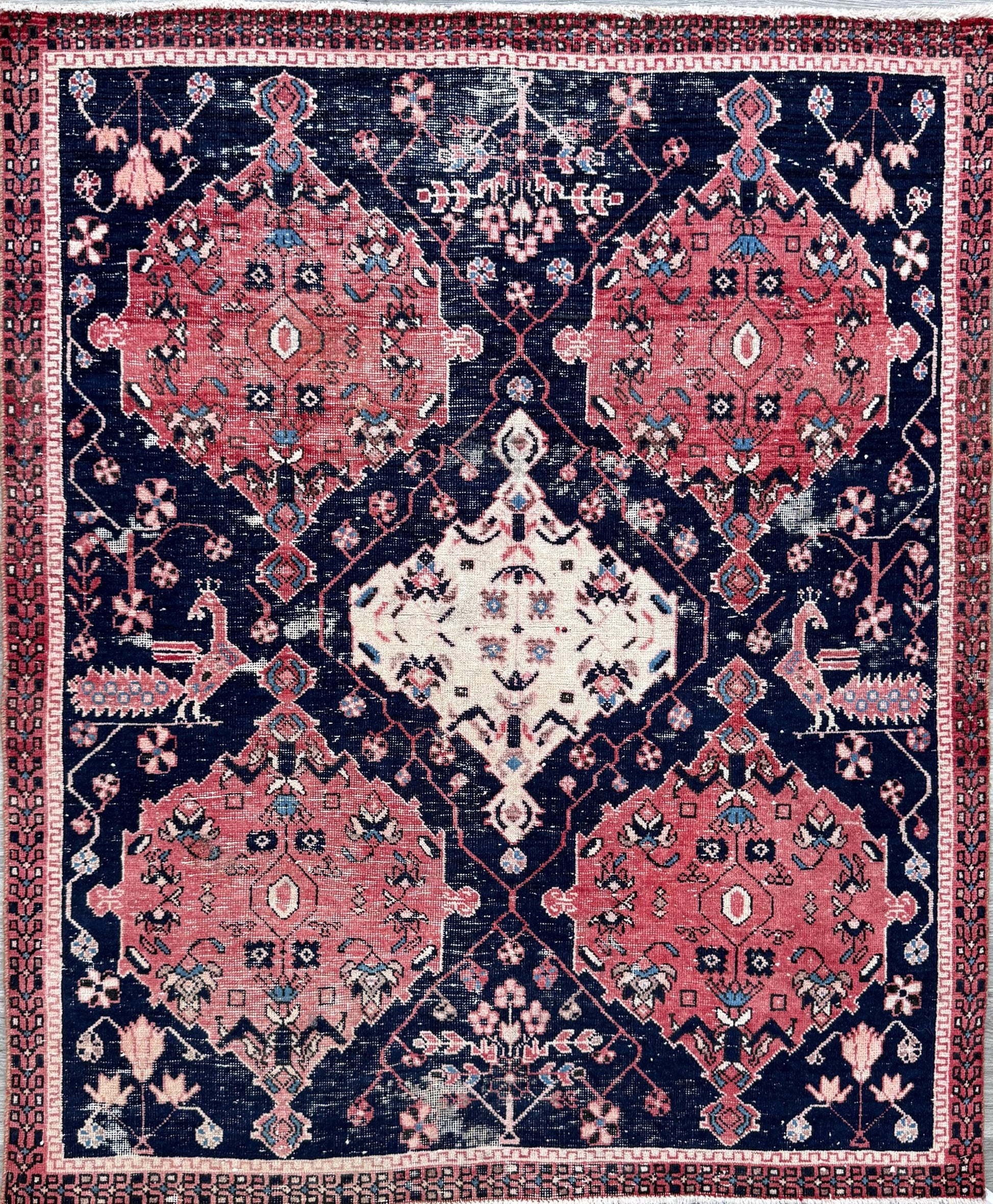 Vintage 4x5 ft – Distressed Wool Rug with Birds, Tribal Medallion, Navy Red Handmade Area Rug 1960s