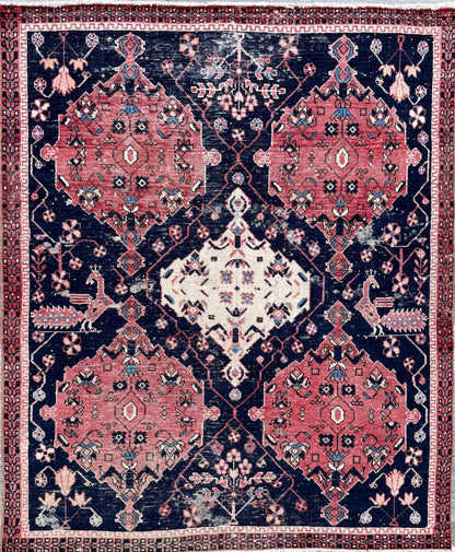 Vintage 4x5 ft – Distressed Wool Rug with Birds, Tribal Medallion, Navy Red Handmade Area Rug 1960s