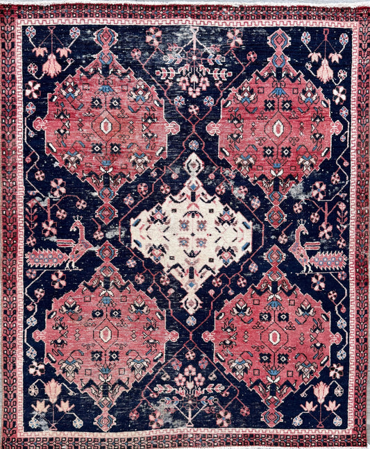 Vintage 4x5 ft – Distressed Wool Rug with Birds, Tribal Medallion, Navy Red Handmade Area Rug 1960s