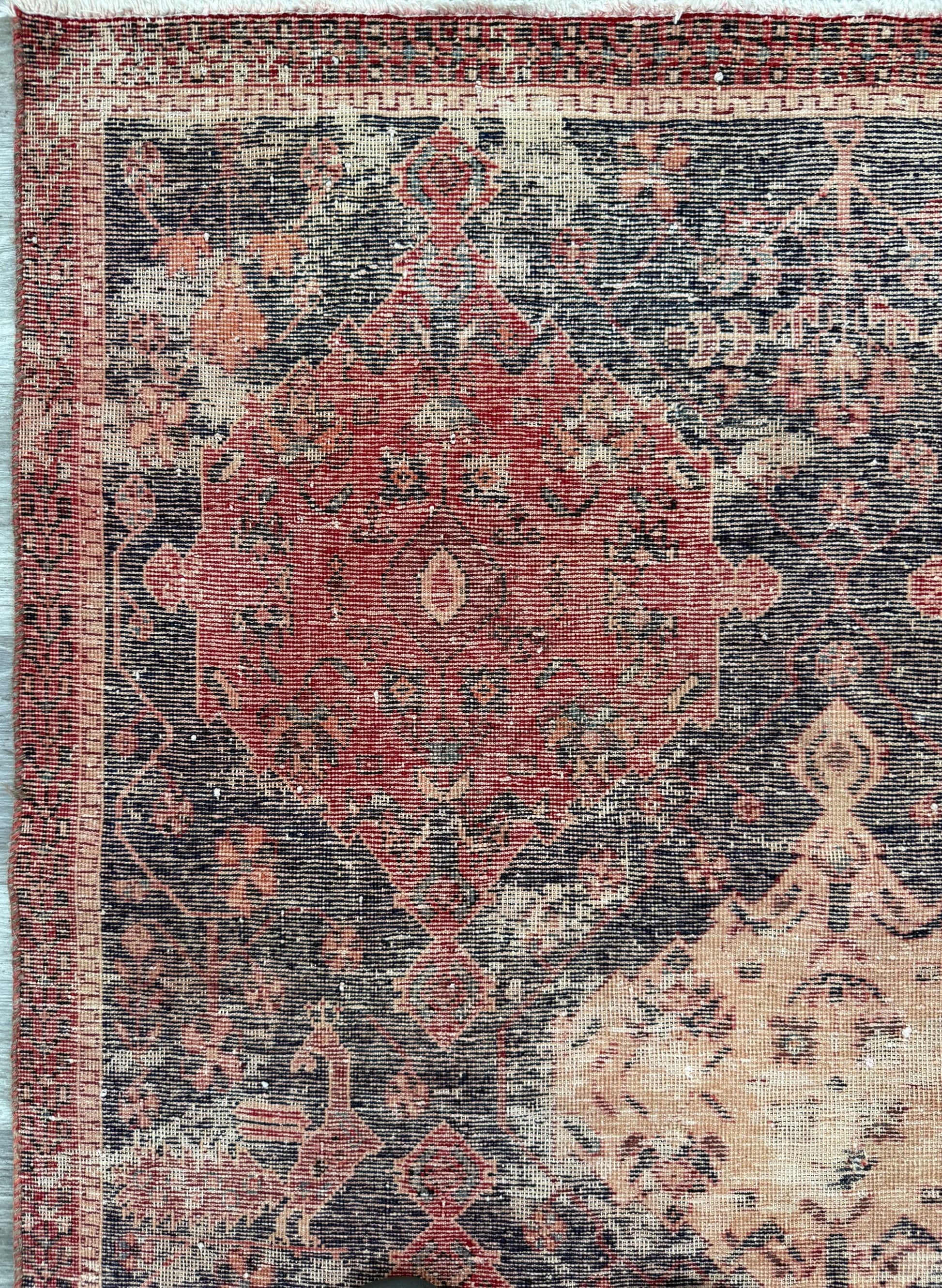 Vintage 4x5 ft – Distressed Wool Rug with Birds, Tribal Medallion, Navy Red Handmade Area Rug 1960s