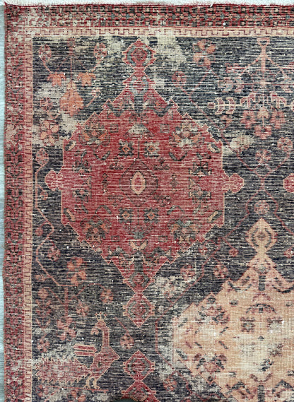 Vintage 4x5 ft – Distressed Wool Rug with Birds, Tribal Medallion, Navy Red Handmade Area Rug 1960s