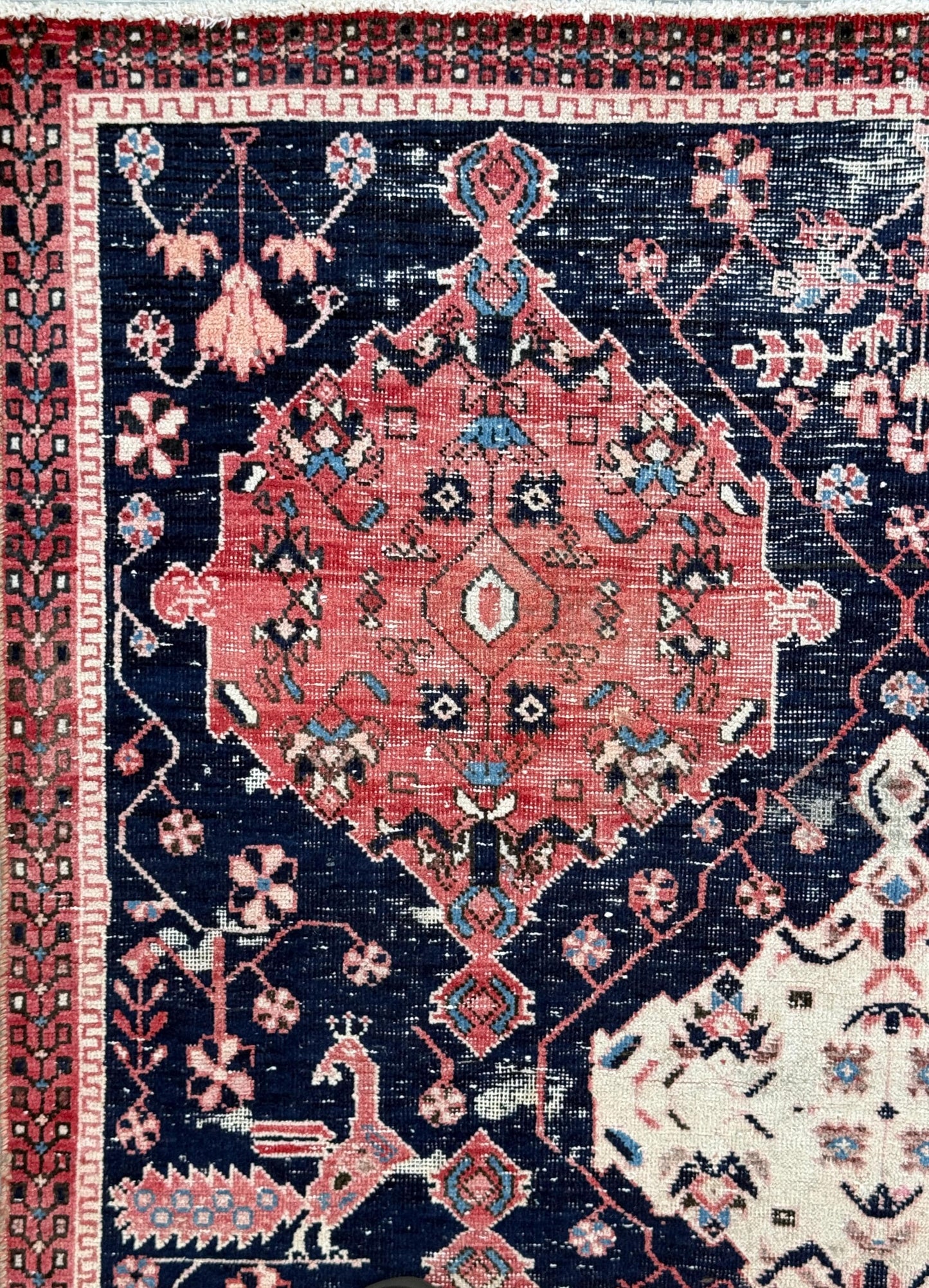 Vintage 4x5 ft – Distressed Wool Rug with Birds, Tribal Medallion, Navy Red Handmade Area Rug 1960s