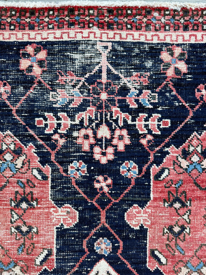 Vintage 4x5 ft – Distressed Wool Rug with Birds, Tribal Medallion, Navy Red Handmade Area Rug 1960s