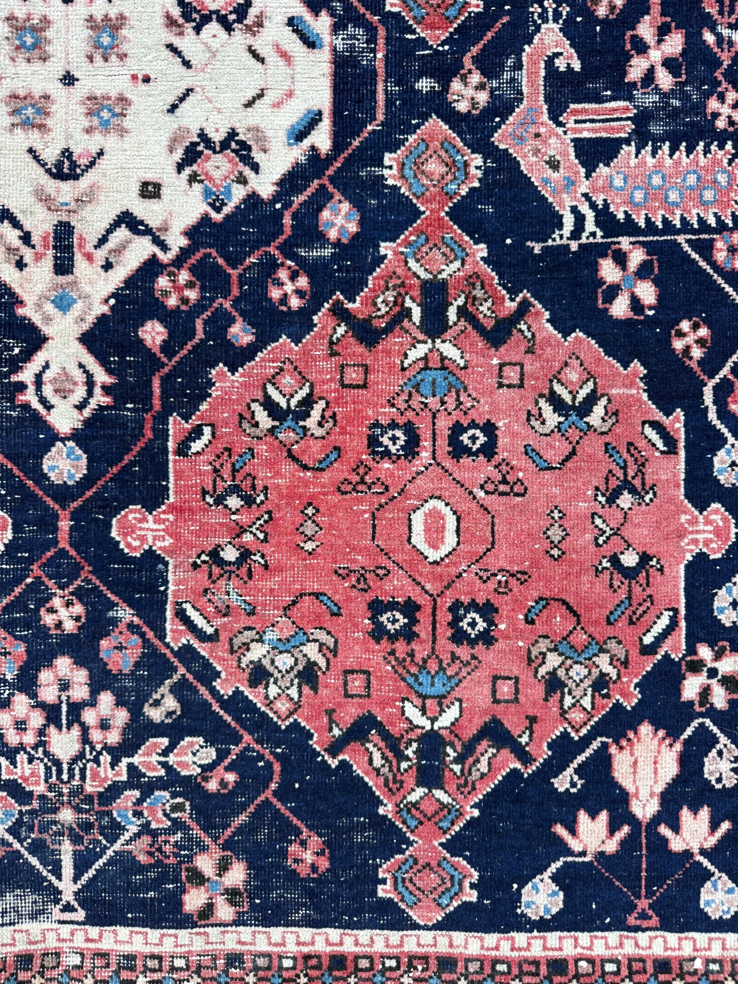 Vintage 4x5 ft – Distressed Wool Rug with Birds, Tribal Medallion, Navy Red Handmade Area Rug 1960s