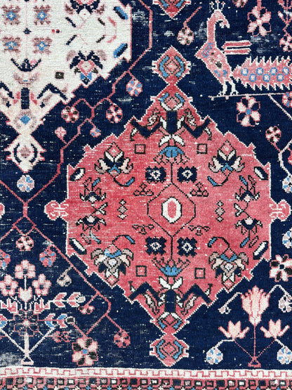 Vintage 4x5 ft – Distressed Wool Rug with Birds, Tribal Medallion, Navy Red Handmade Area Rug 1960s