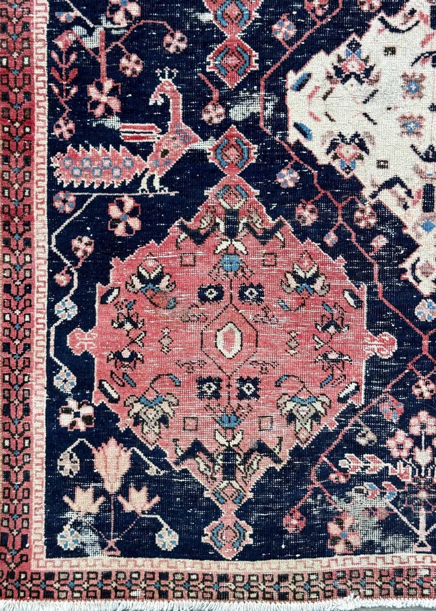 Vintage 4x5 ft – Distressed Wool Rug with Birds, Tribal Medallion, Navy Red Handmade Area Rug 1960s