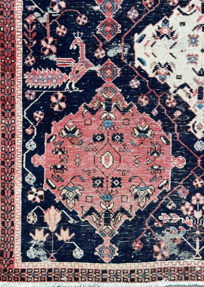 Vintage 4x5 ft – Distressed Wool Rug with Birds, Tribal Medallion, Navy Red Handmade Area Rug 1960s