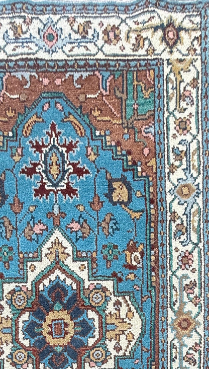 Blue Heriz Style 4x6 Rug, Hand Knotted Wool Turkish Medallion Carpet