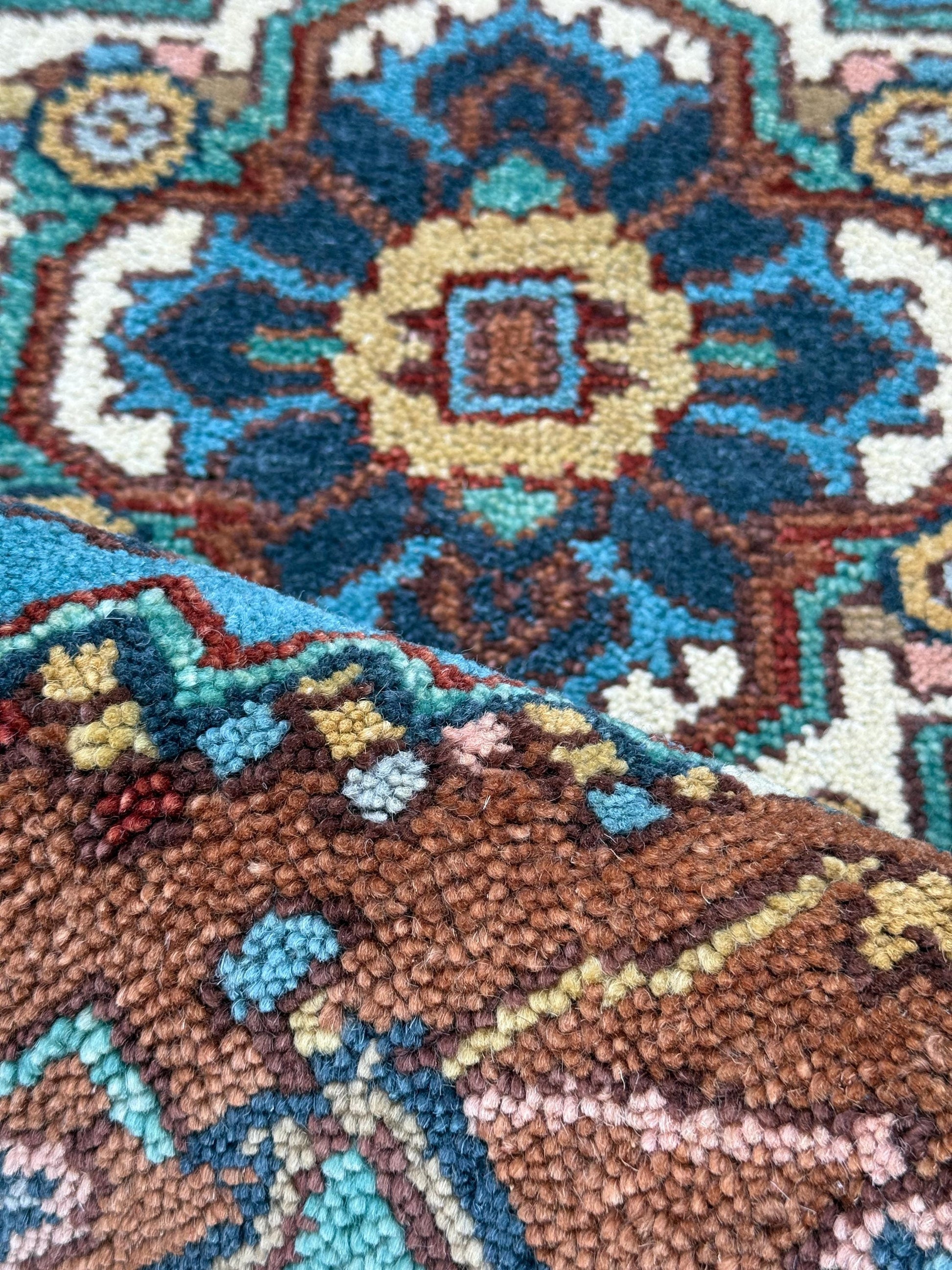 Blue Heriz Style 4x6 Rug, Hand Knotted Wool Turkish Medallion Carpet