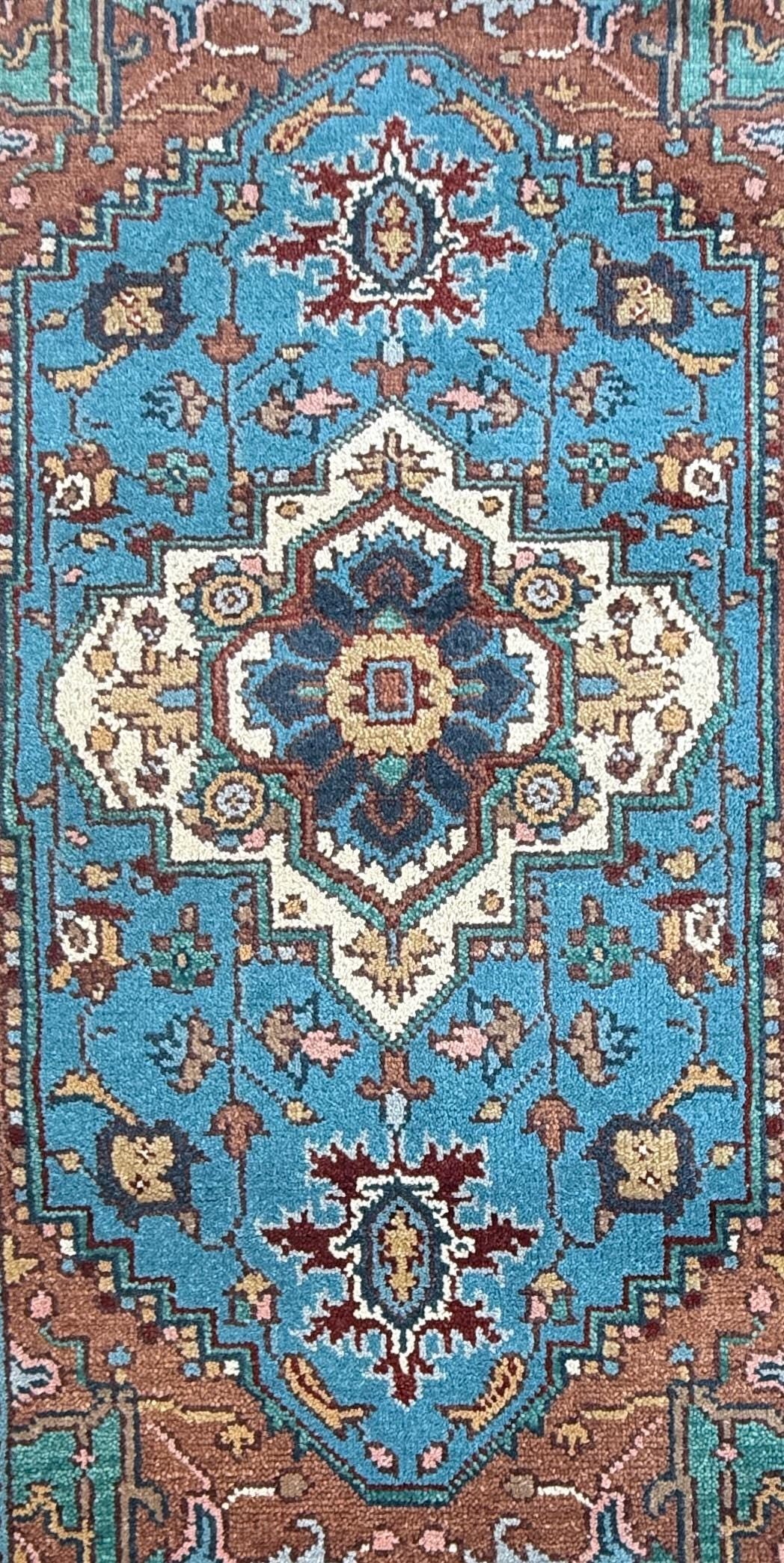 Blue Heriz Style 4x6 Rug, Hand Knotted Wool Turkish Medallion Carpet