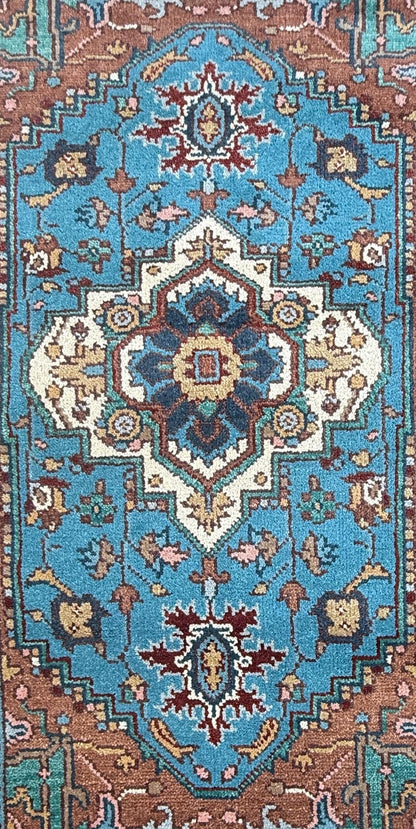 Blue Heriz Style 4x6 Rug, Hand Knotted Wool Turkish Medallion Carpet