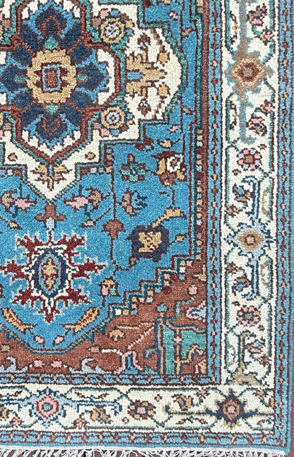 Blue Heriz Style 4x6 Rug, Hand Knotted Wool Turkish Medallion Carpet