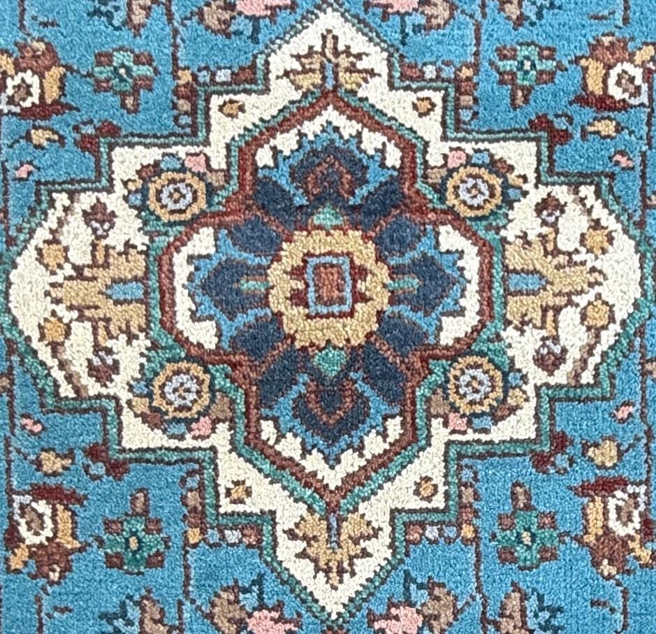 Blue Heriz Style 4x6 Rug, Hand Knotted Wool Turkish Medallion Carpet