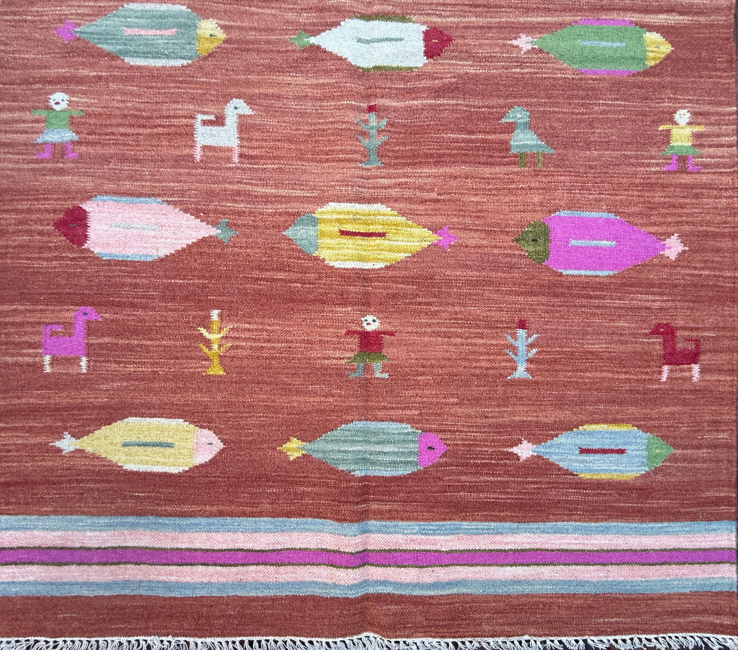 Modern Anatolian Kilim 5x8, Geometric Fish Design, Flatweave Wool Tribal, Boho Interior Accent