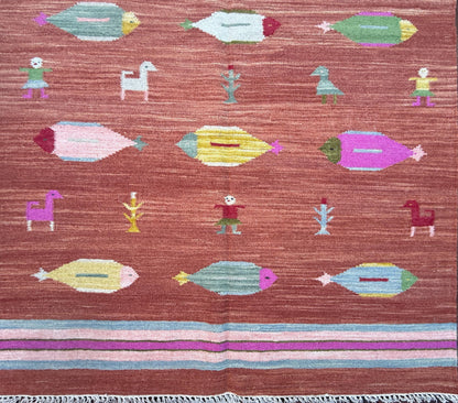 Modern Anatolian Kilim 5x8, Geometric Fish Design, Flatweave Wool Tribal, Boho Interior Accent