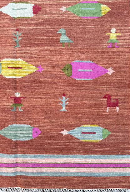 Modern Anatolian Kilim 5x8, Geometric Fish Design, Flatweave Wool Tribal, Boho Interior Accent