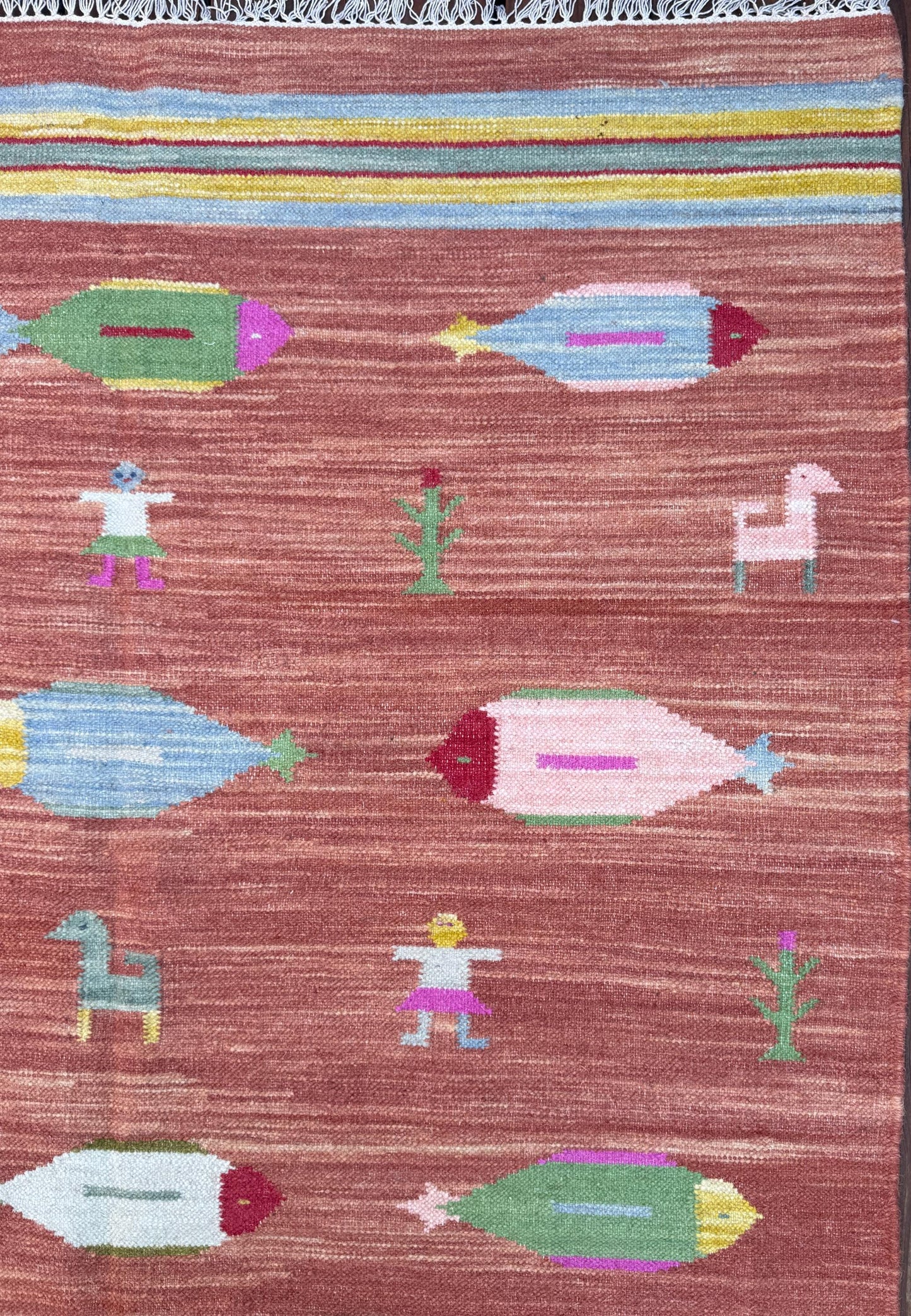 Modern Anatolian Kilim 5x8, Geometric Fish Design, Flatweave Wool Tribal, Boho Interior Accent