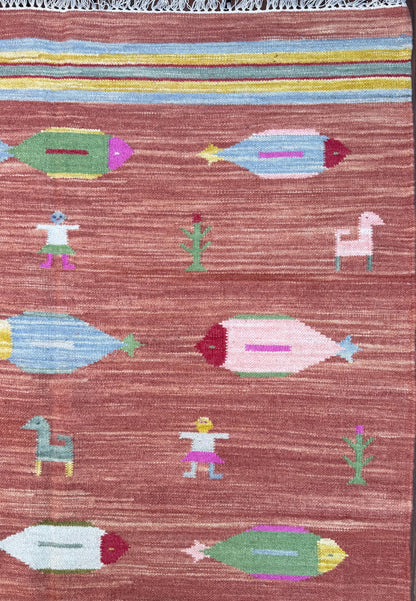 Modern Anatolian Kilim 5x8, Geometric Fish Design, Flatweave Wool Tribal, Boho Interior Accent