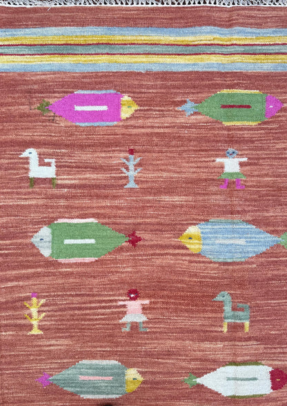 Modern Anatolian Kilim 5x8, Geometric Fish Design, Flatweave Wool Tribal, Boho Interior Accent