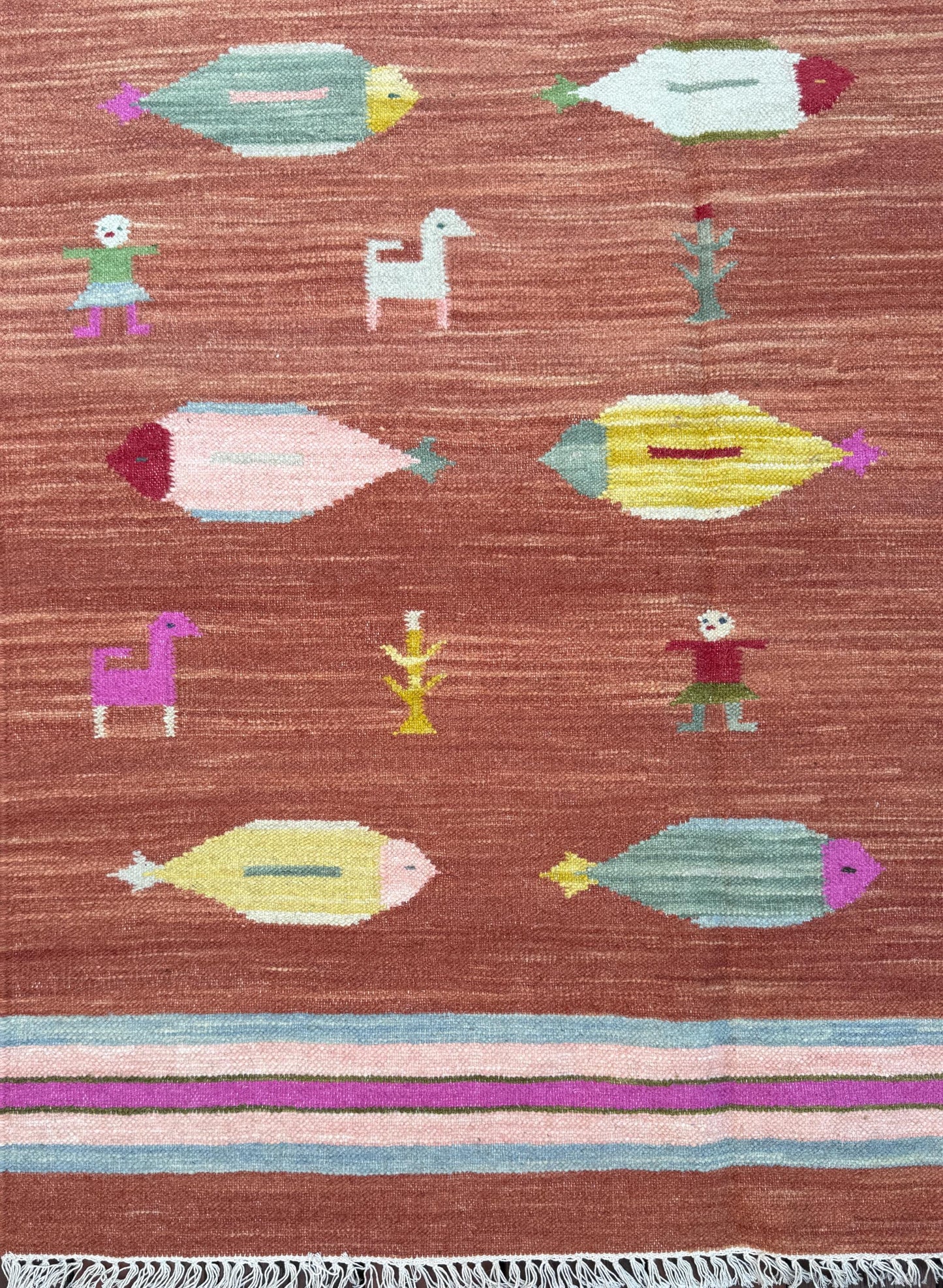 Modern Anatolian Kilim 5x8, Geometric Fish Design, Flatweave Wool Tribal, Boho Interior Accent