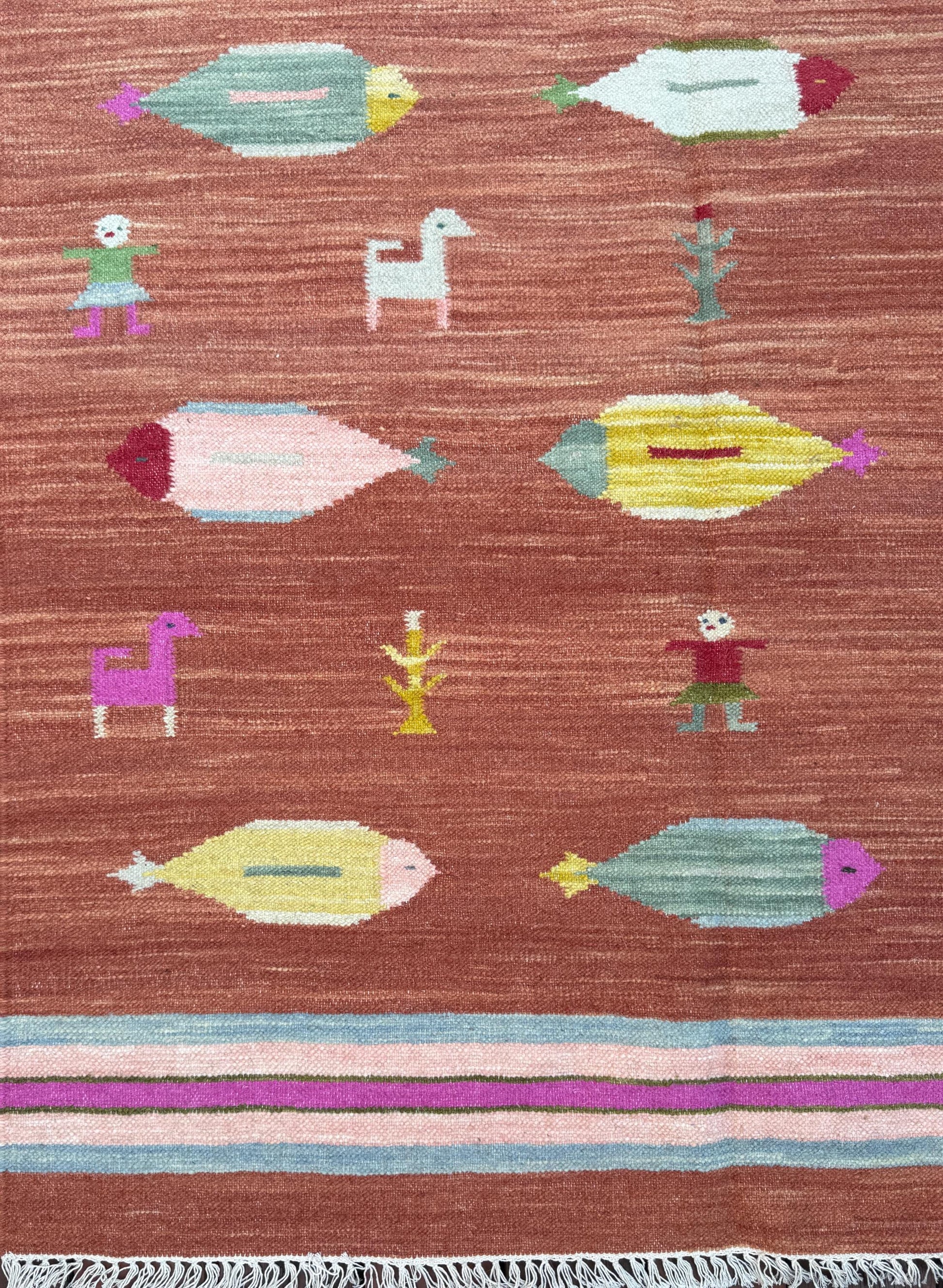 Modern Anatolian Kilim 5x8, Geometric Fish Design, Flatweave Wool Tribal, Boho Interior Accent