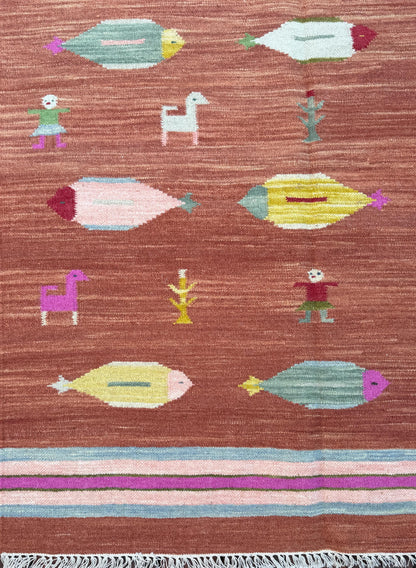Modern Anatolian Kilim 5x8, Geometric Fish Design, Flatweave Wool Tribal, Boho Interior Accent