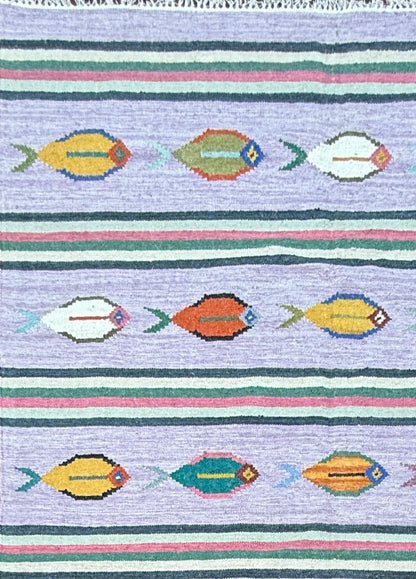 Modern Anatolian Kilim 6x9, Flatweave Wool Fish Design, Handmade Geometric Boho Area Rug