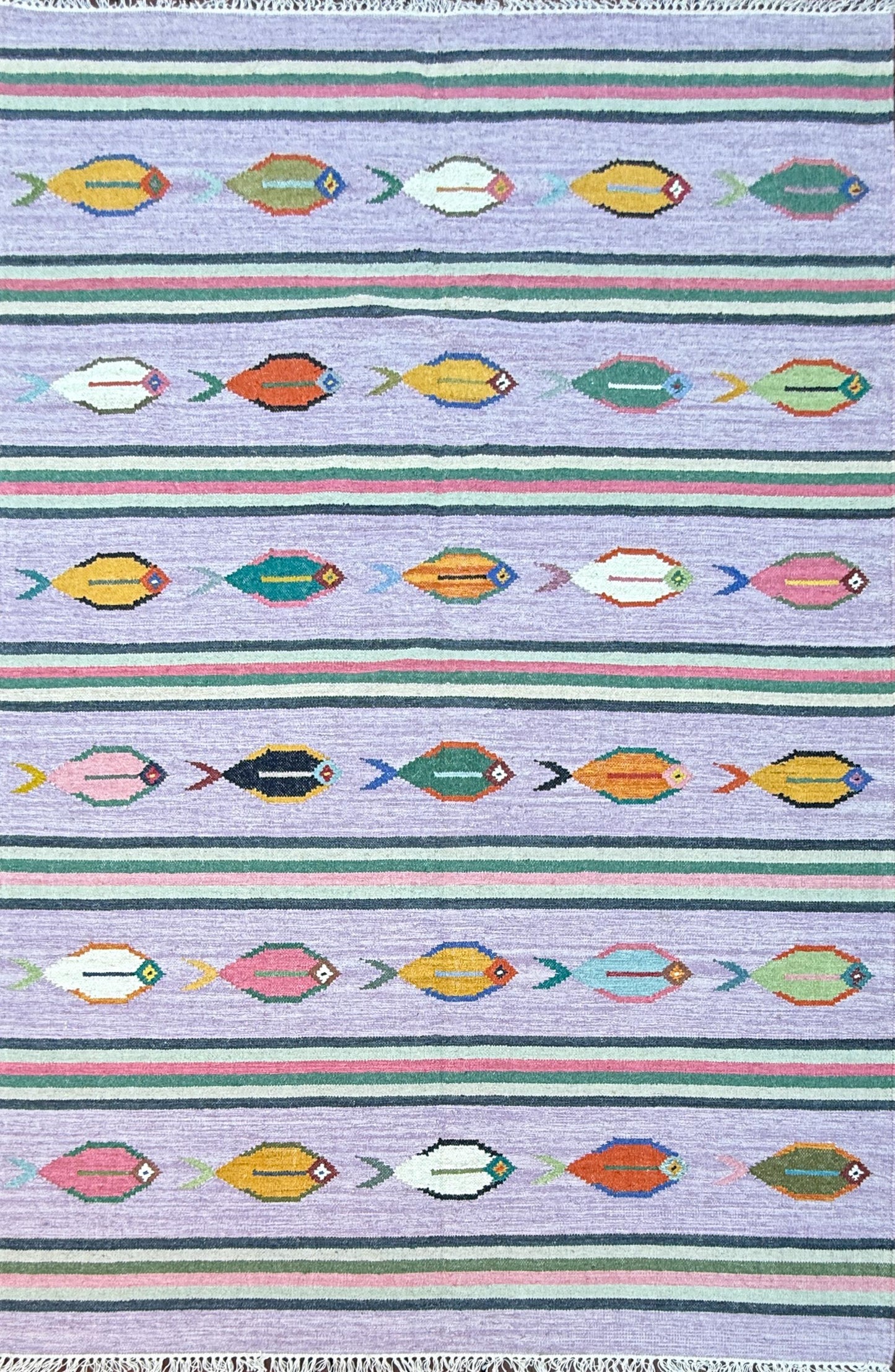 Modern Anatolian Kilim 6x9, Flatweave Wool Fish Design, Handmade Geometric Boho Area Rug