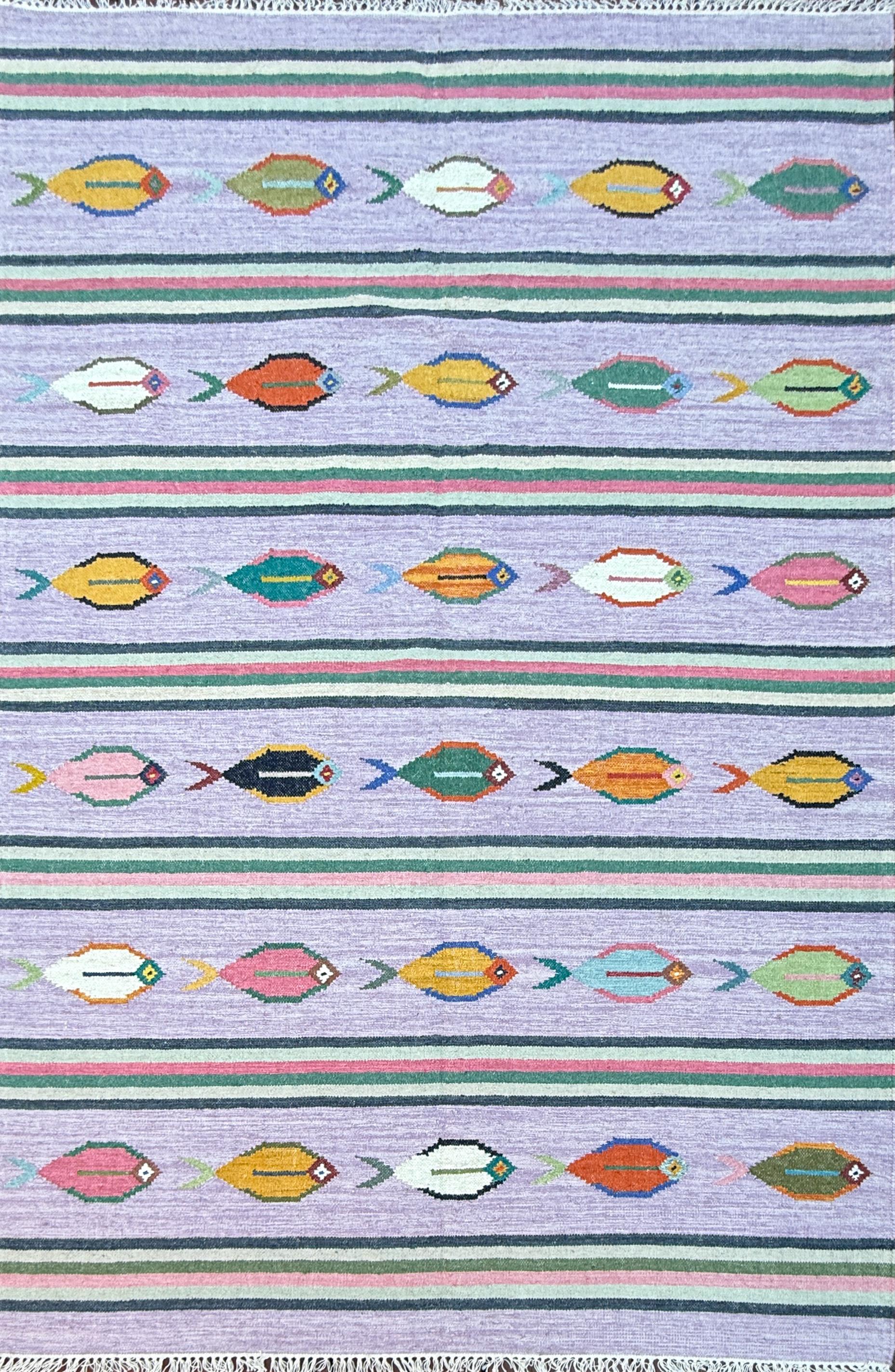 Modern Anatolian Kilim 6x9, Flatweave Wool Fish Design, Handmade Geometric Boho Area Rug