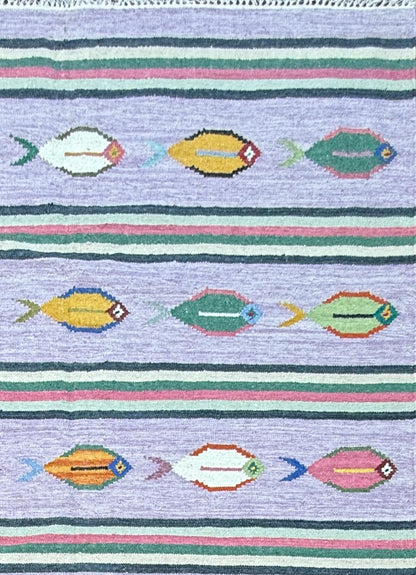 Modern Anatolian Kilim 6x9, Flatweave Wool Fish Design, Handmade Geometric Boho Area Rug