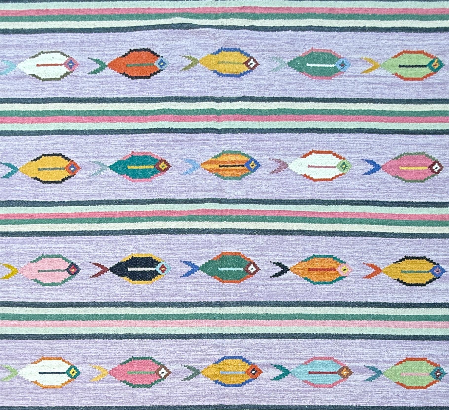 Modern Anatolian Kilim 6x9, Flatweave Wool Fish Design, Handmade Geometric Boho Area Rug