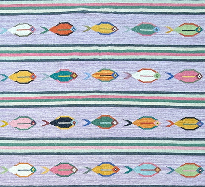Modern Anatolian Kilim 6x9, Flatweave Wool Fish Design, Handmade Geometric Boho Area Rug