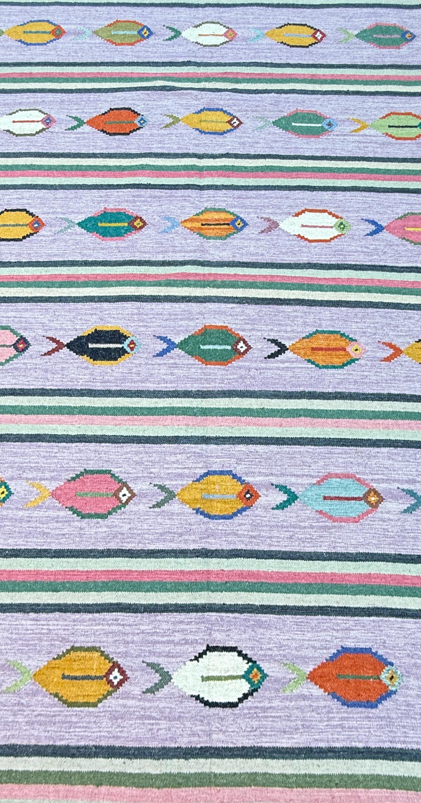 Modern Anatolian Kilim 6x9, Flatweave Wool Fish Design, Handmade Geometric Boho Area Rug