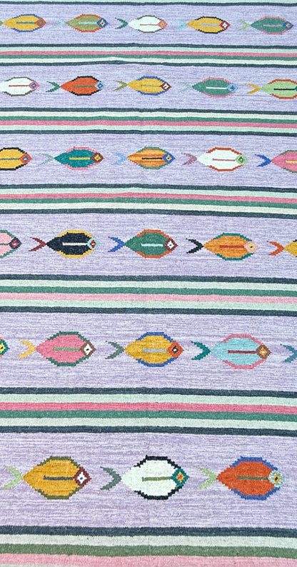 Modern Anatolian Kilim 6x9, Flatweave Wool Fish Design, Handmade Geometric Boho Area Rug