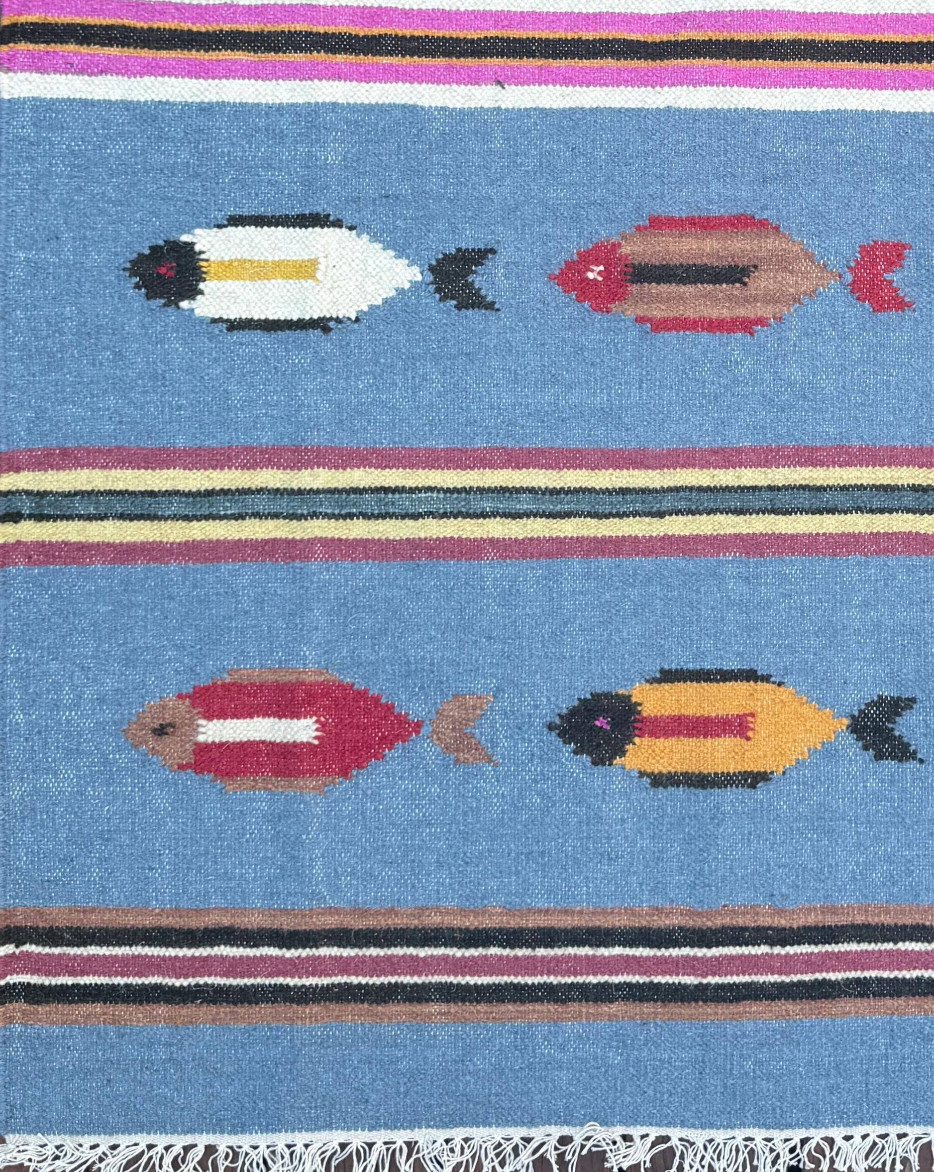 Turkish Kilim 4x6, Tree of Life Fish Design, Handmade Wool Bohemian Flatweave Accent Rug