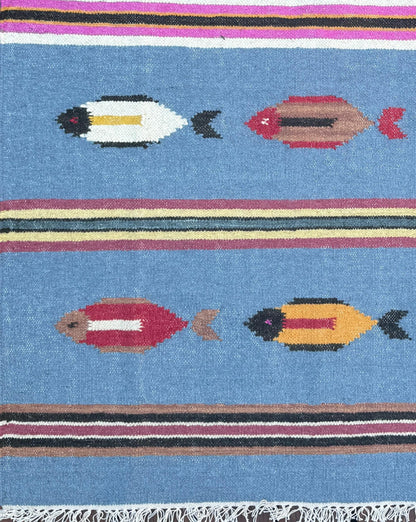 Turkish Kilim 4x6, Tree of Life Fish Design, Handmade Wool Bohemian Flatweave Accent Rug