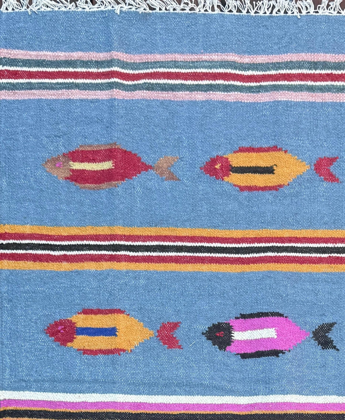 Turkish Kilim 4x6, Tree of Life Fish Design, Handmade Wool Bohemian Flatweave Accent Rug