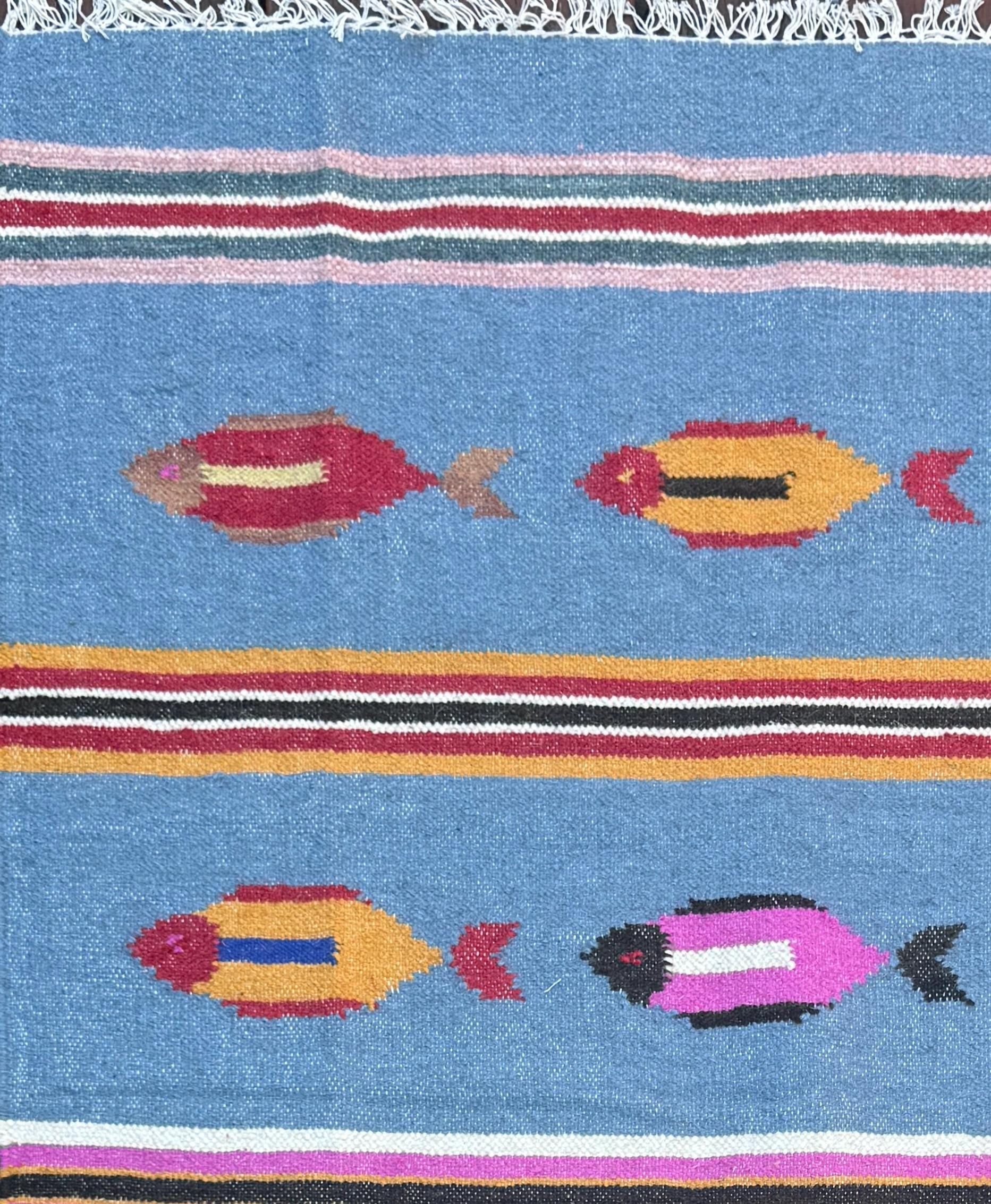 Turkish Kilim 4x6, Tree of Life Fish Design, Handmade Wool Bohemian Flatweave Accent Rug