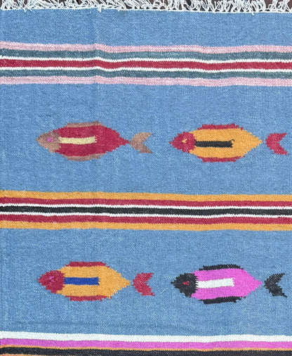 Turkish Kilim 4x6, Tree of Life Fish Design, Handmade Wool Bohemian Flatweave Accent Rug