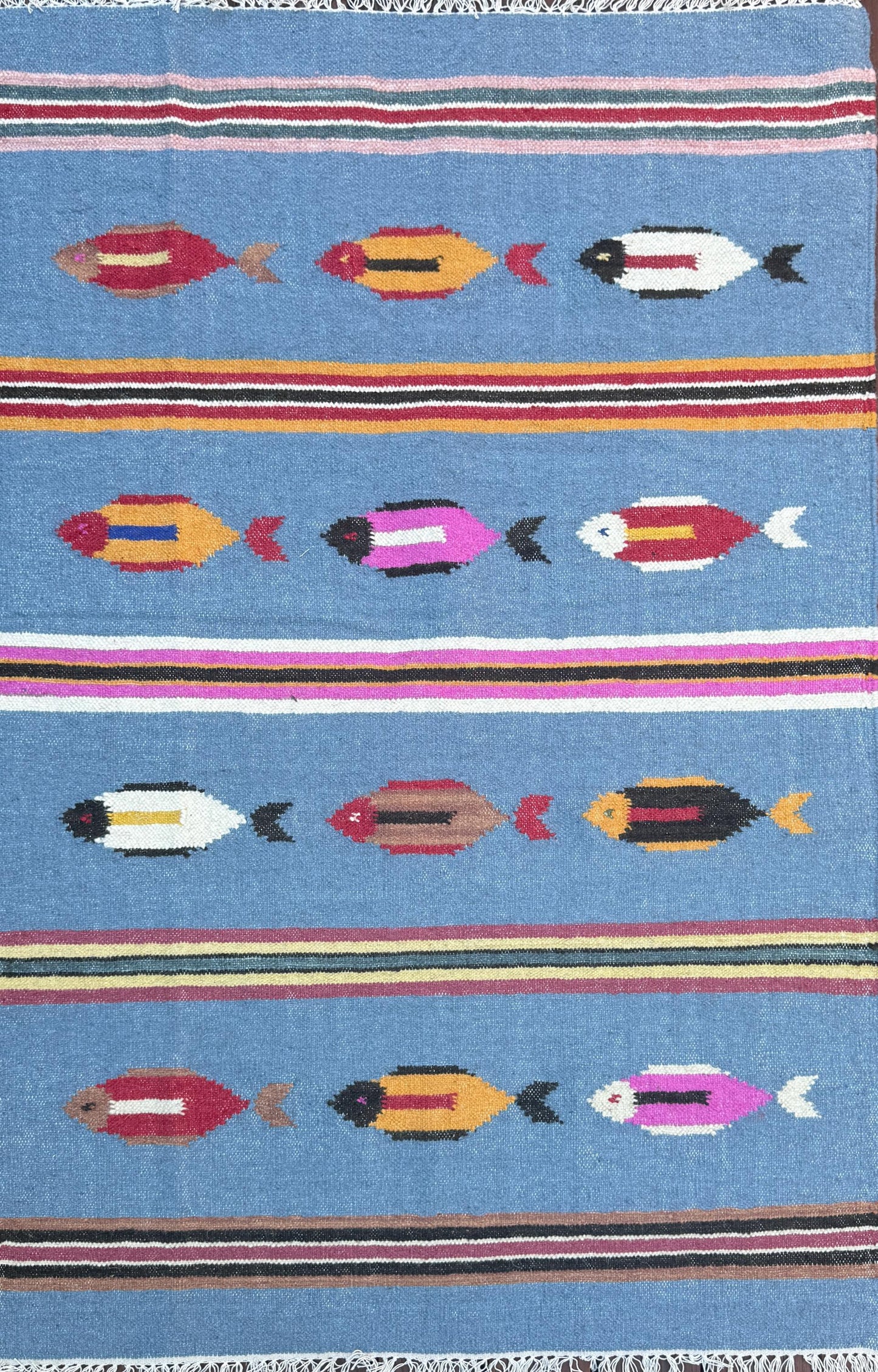 Turkish Kilim 4x6, Tree of Life Fish Design, Handmade Wool Bohemian Flatweave Accent Rug