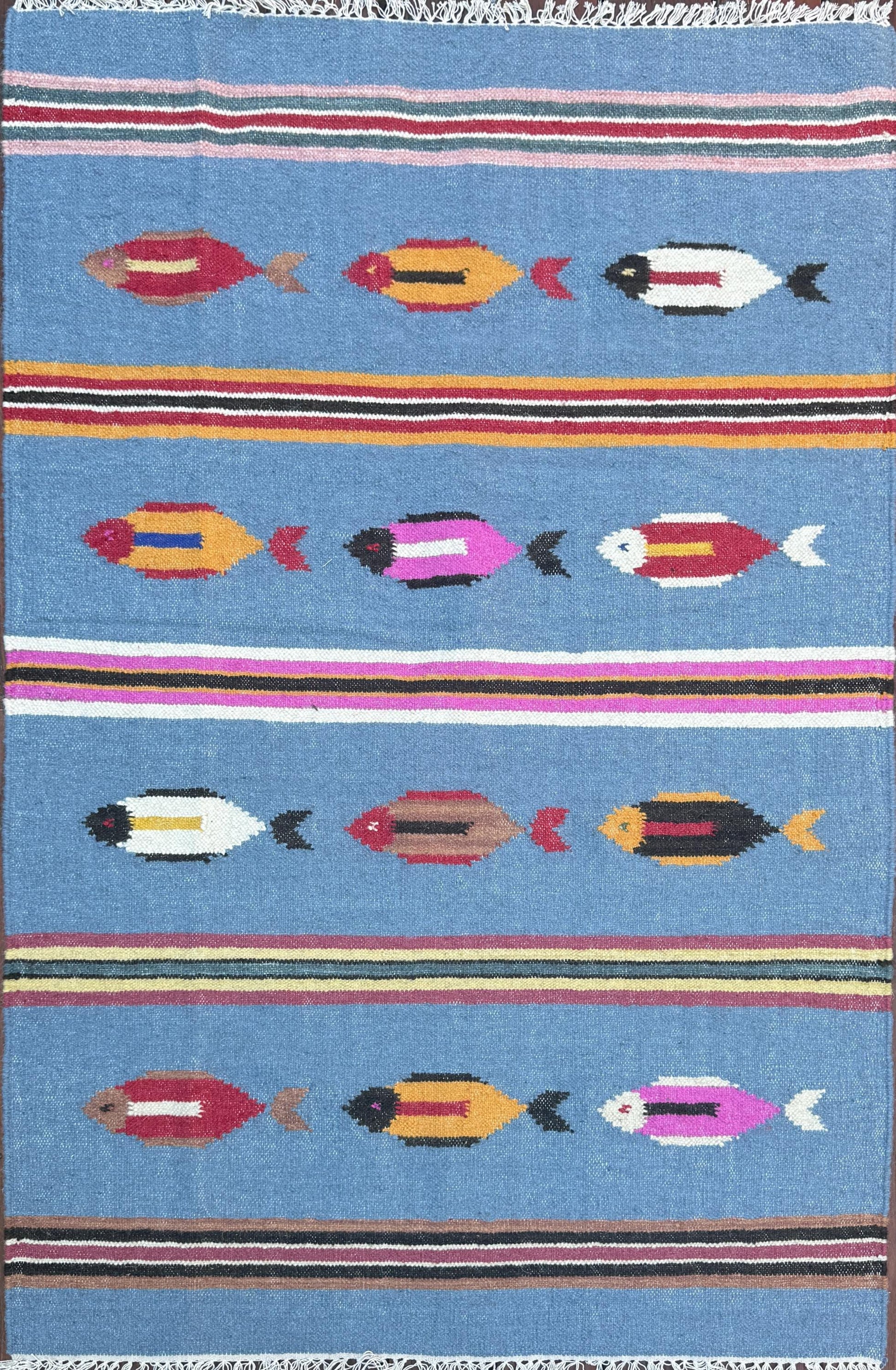 Turkish Kilim 4x6, Tree of Life Fish Design, Handmade Wool Bohemian Flatweave Accent Rug