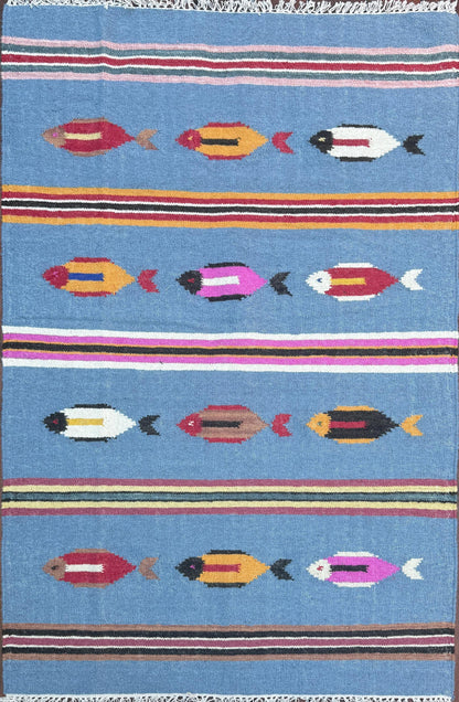 Turkish Kilim 4x6, Tree of Life Fish Design, Handmade Wool Bohemian Flatweave Accent Rug